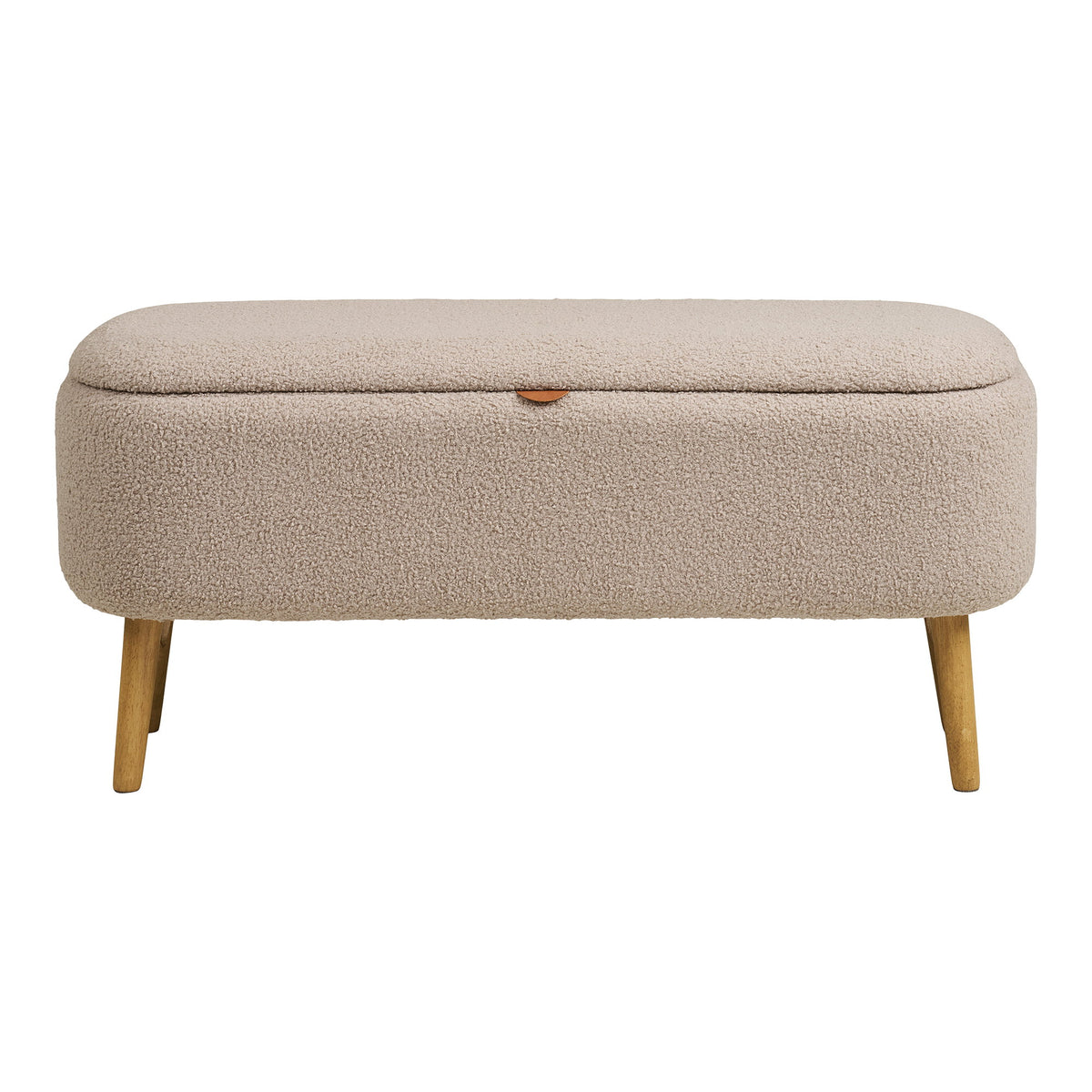 Banc coffre Harlow bouclé taupe vu de face couvercle fermé