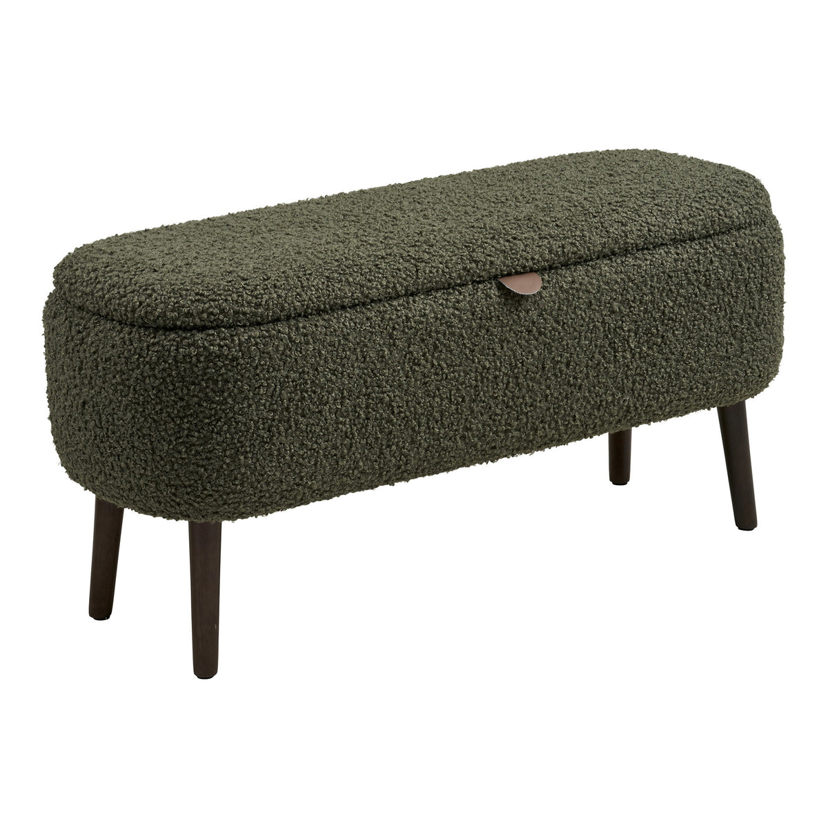 Banc coffre Harlow bouclé vert kaki vu de trois quarts avec ses pieds en bois foncé