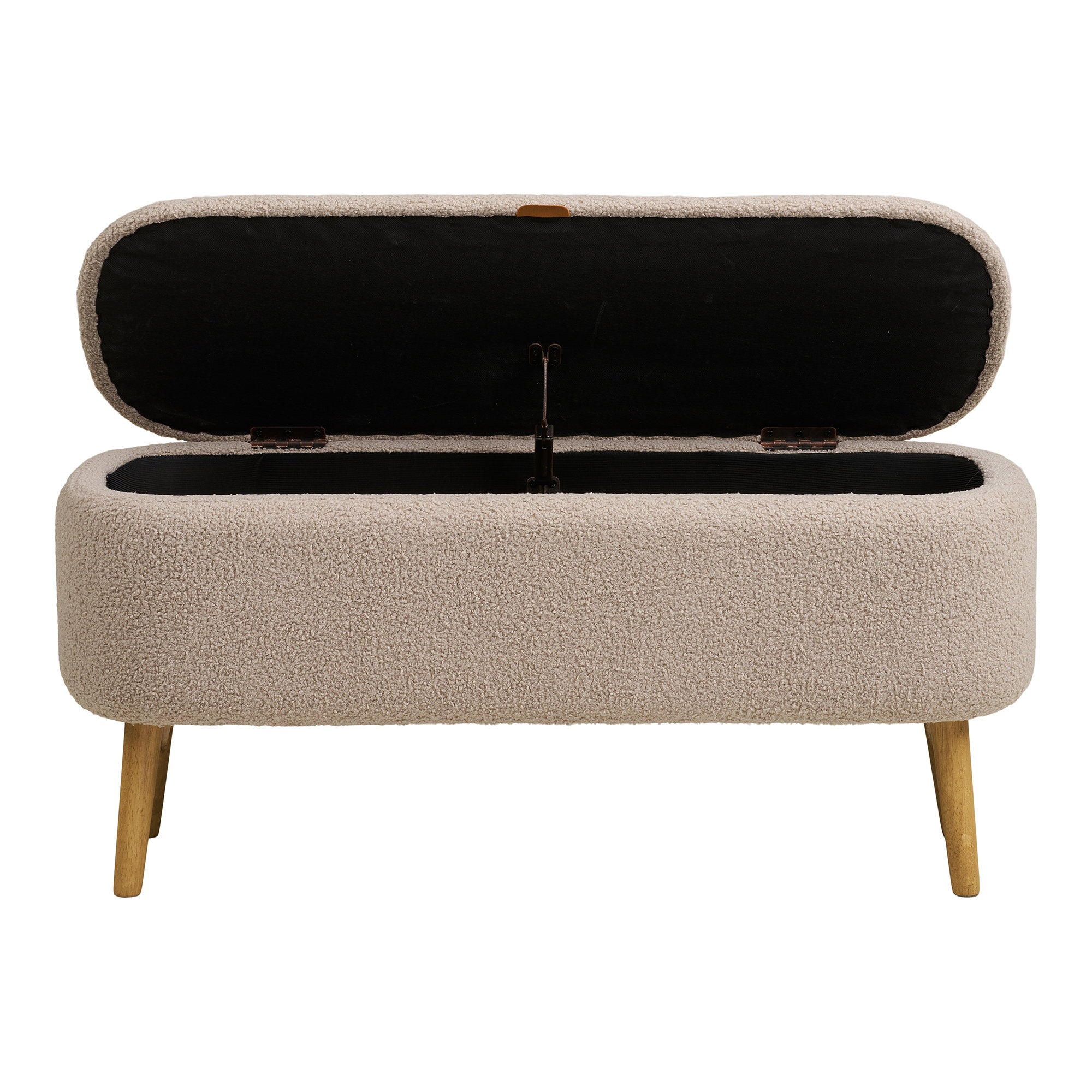 Banc coffre Harlow ouvert vue de face rangement intérieur noir pieds bois naturel 95 cm