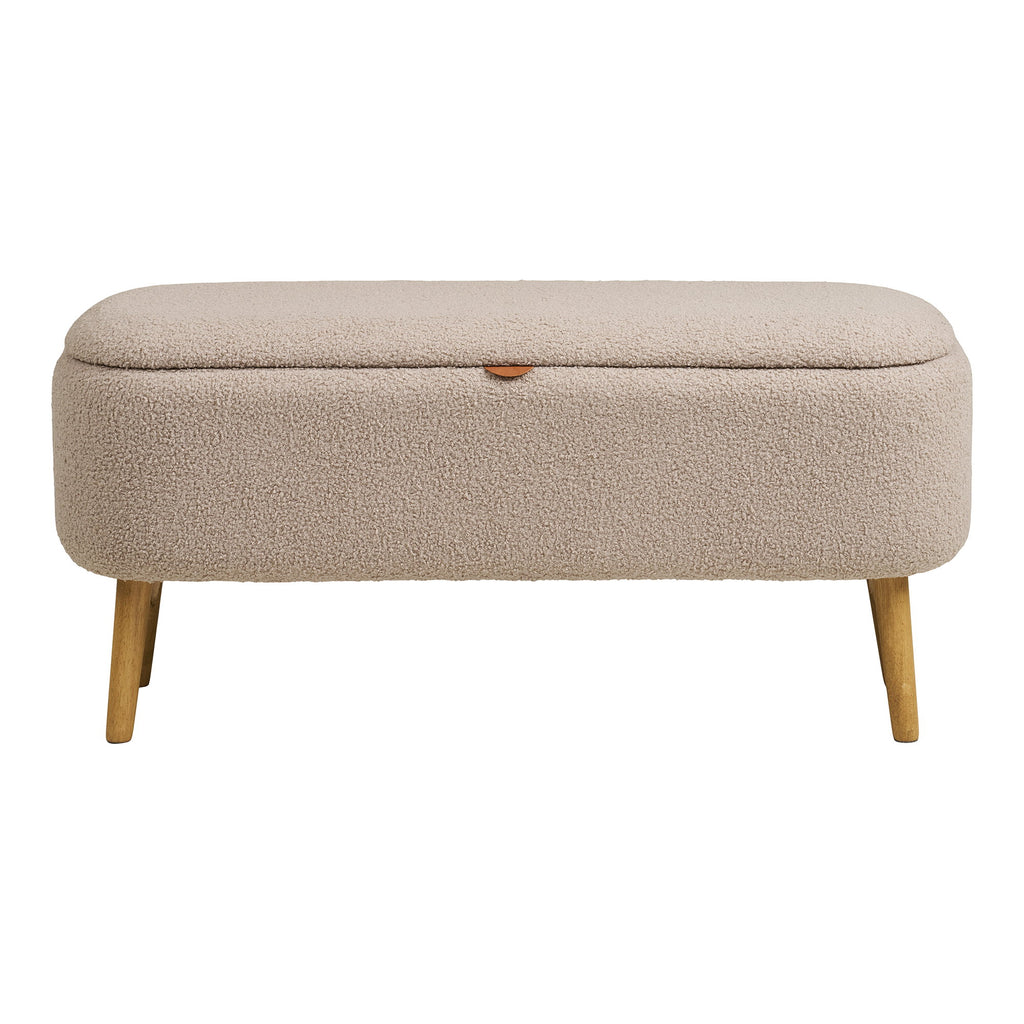 Banc coffre Harlow vue de face fermé bouclé beige tirette cuir cognac pieds bois naturel