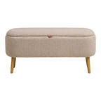Banc coffre Harlow vue de face fermé bouclé beige tirette cuir cognac pieds bois naturel