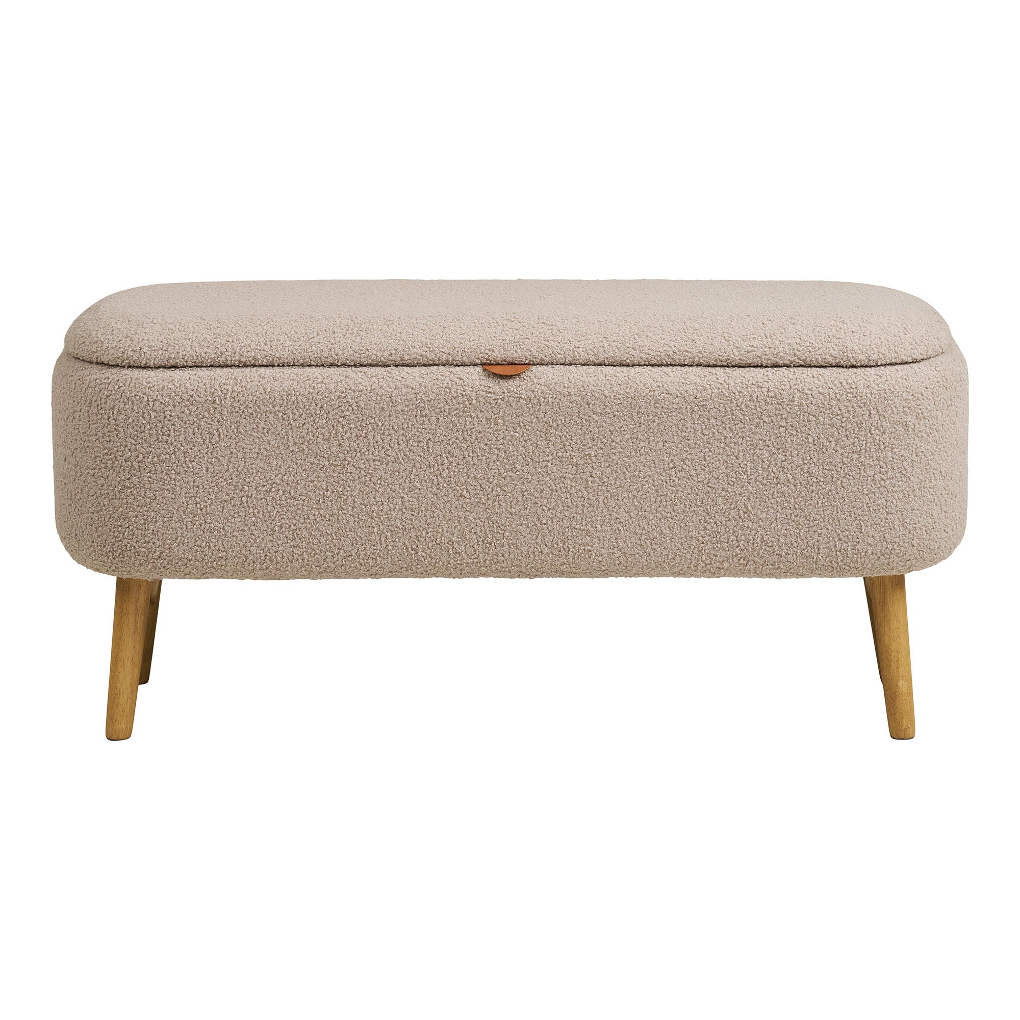 Banc coffre Harlow vue de face fermé bouclé beige tirette cuir cognac pieds bois naturel