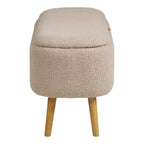 Banc coffre Harlow vue profil silhouette ovale bouclé beige pieds bois naturel fuselés