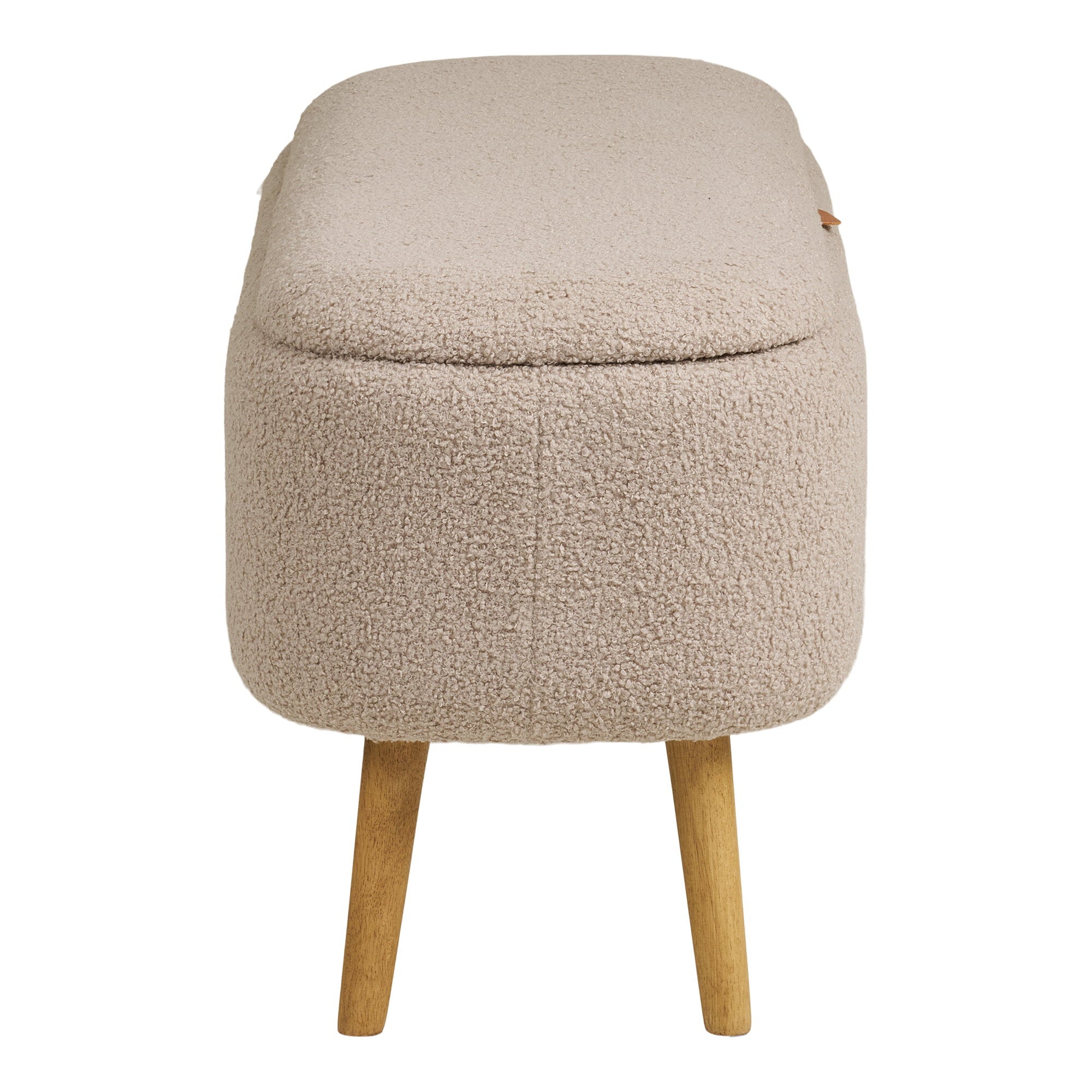Banc coffre Harlow vue profil silhouette ovale bouclé beige pieds bois naturel fuselés
