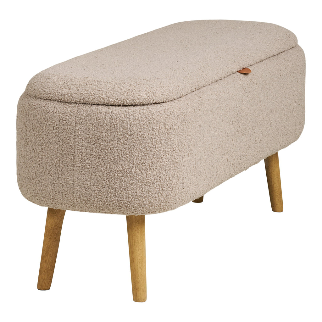 Banc coffre Harlow vue trois quarts fermé bouclé beige tirette cuir cognac pieds bois 95 cm
