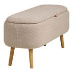 Banc coffre Harlow vue trois quarts fermé bouclé beige tirette cuir cognac pieds bois 95 cm