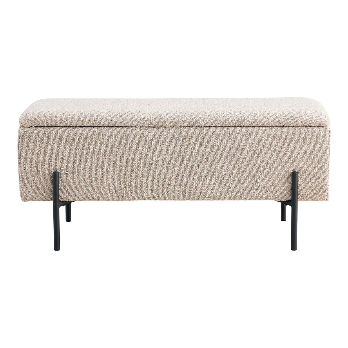 Banc coffre Watford bouclé beige vu de face couvercle fermé sur pieds en acier