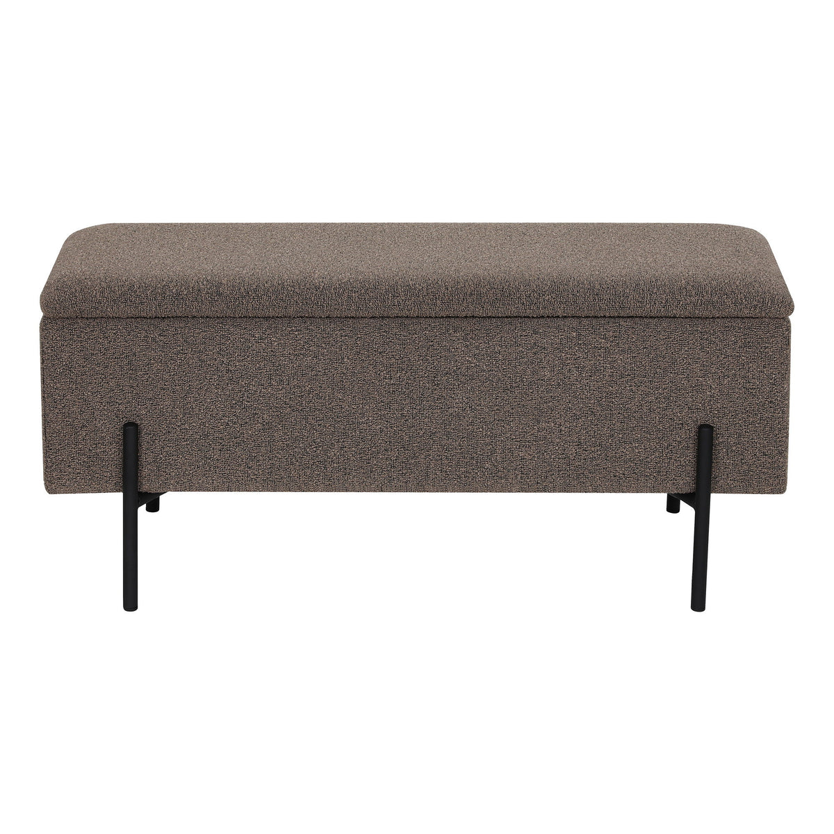 Banc coffre Watford bouclé marron vu de face couvercle fermé sur pieds en acier