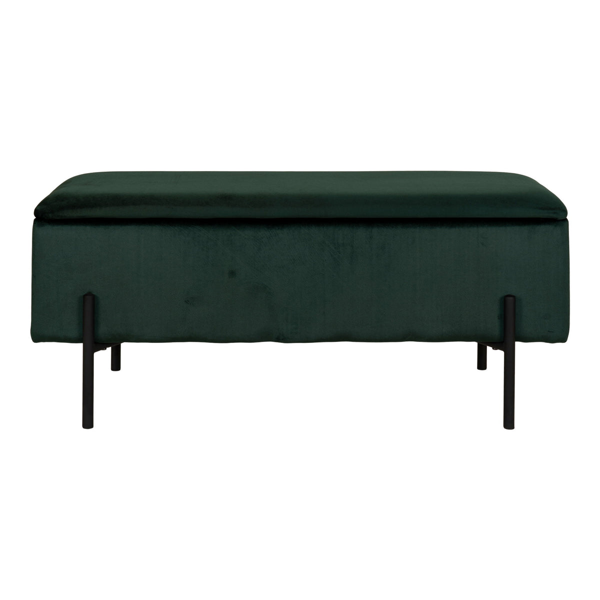 Banc coffre Watford velours vert forêt vu de face couvercle fermé sur pieds en acier