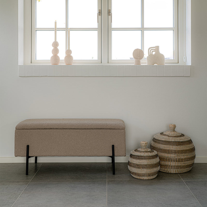 Dimensions Watford Storage Bench - Bouclé Beige & Integrated Storage - Black Metal Legs 95 cm
