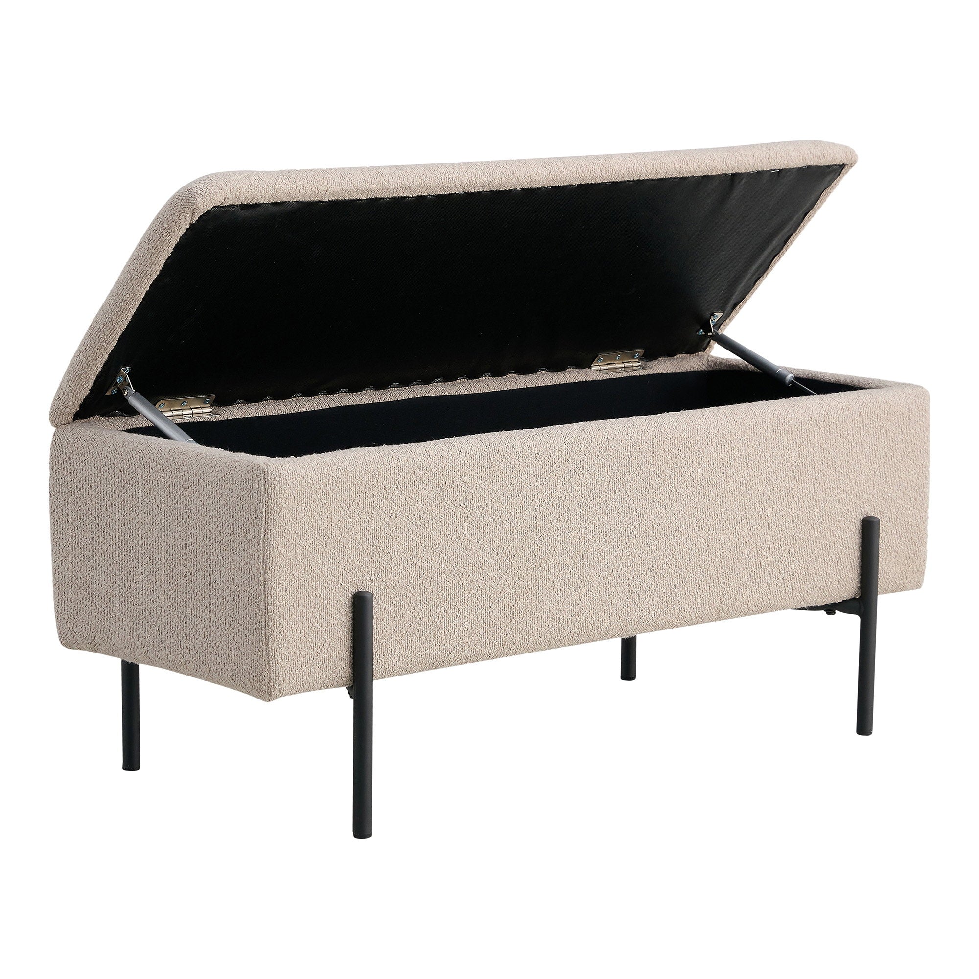 Banc coffre Watford bouclé beige ouvert vérins hydrauliques espace rangement intérieur noir 95 cm