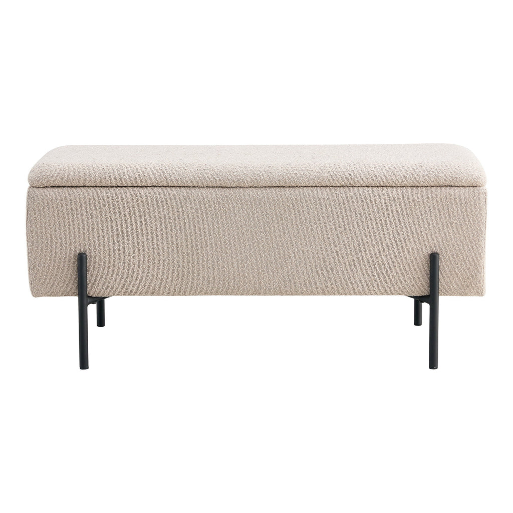 Banc coffre Watford bouclé beige vue de face pieds métal noir mat style contemporain 95 cm