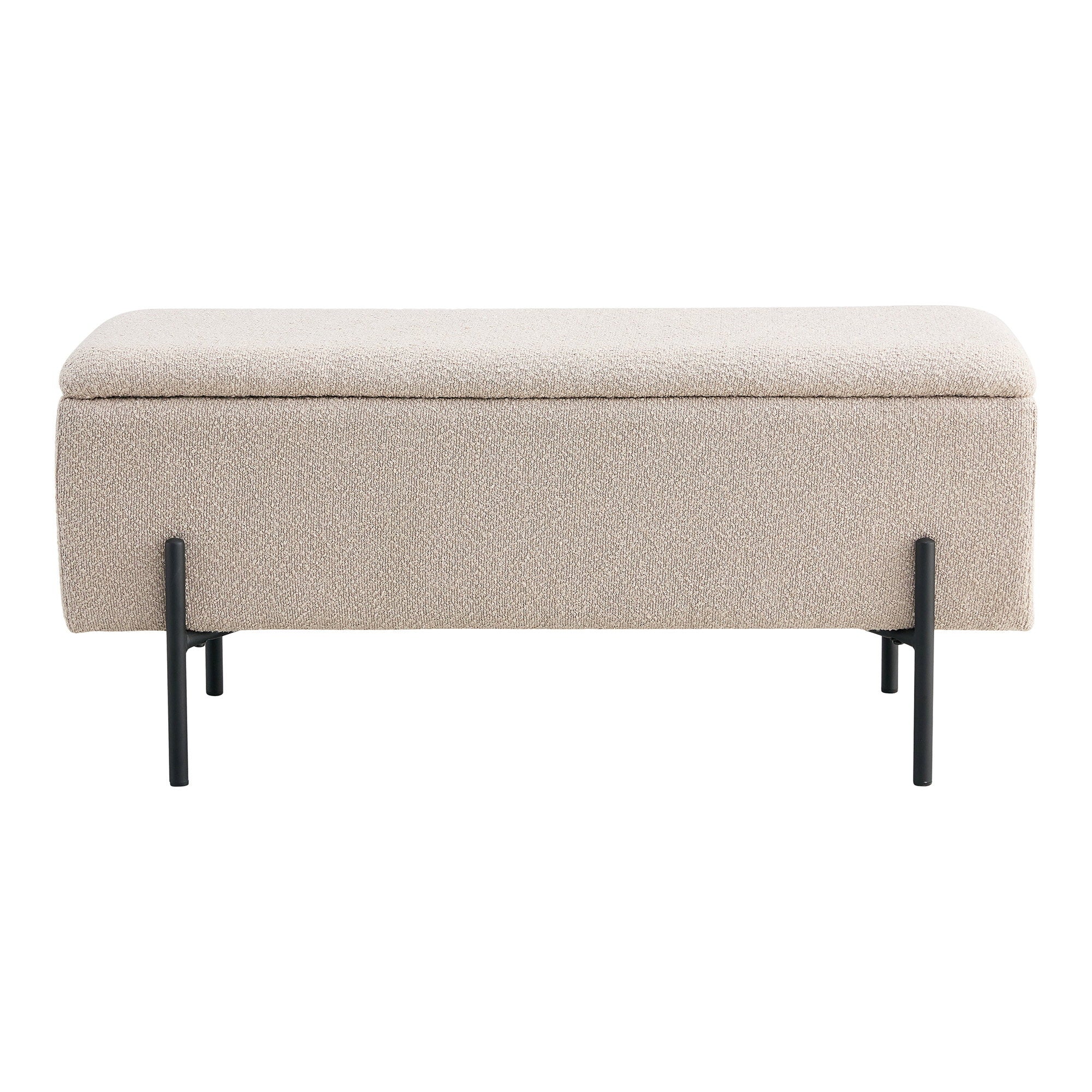 Banc coffre Watford bouclé beige vue de face pieds métal noir mat style contemporain 95 cm