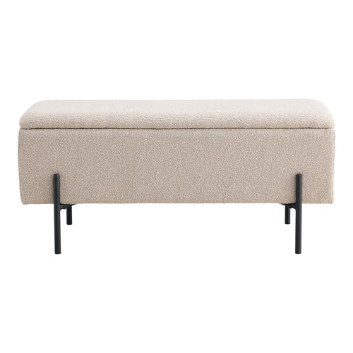 Banc coffre Watford bouclé beige vue de face pieds métal noir mat style contemporain 95 cm