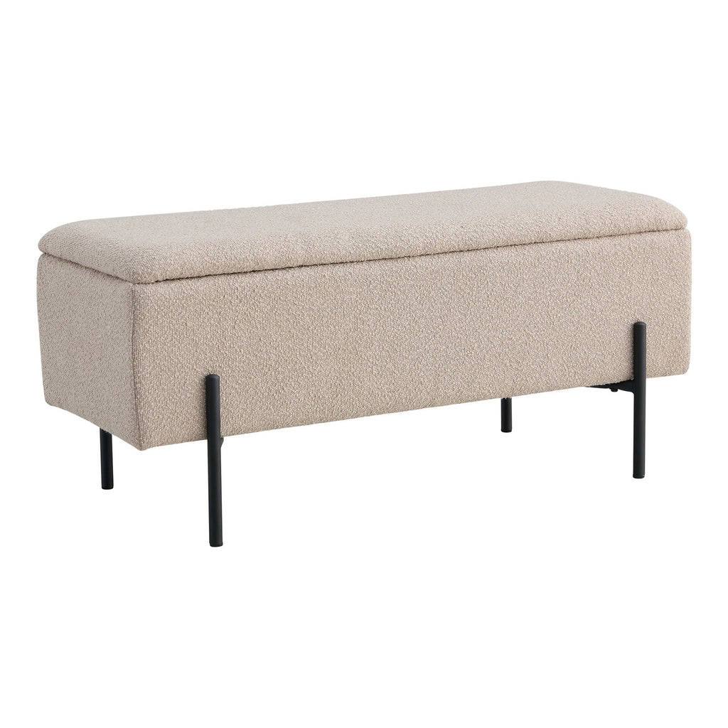 Banc coffre Watford bouclé beige pieds métal noir en U vue trois quarts fermé 95 cm