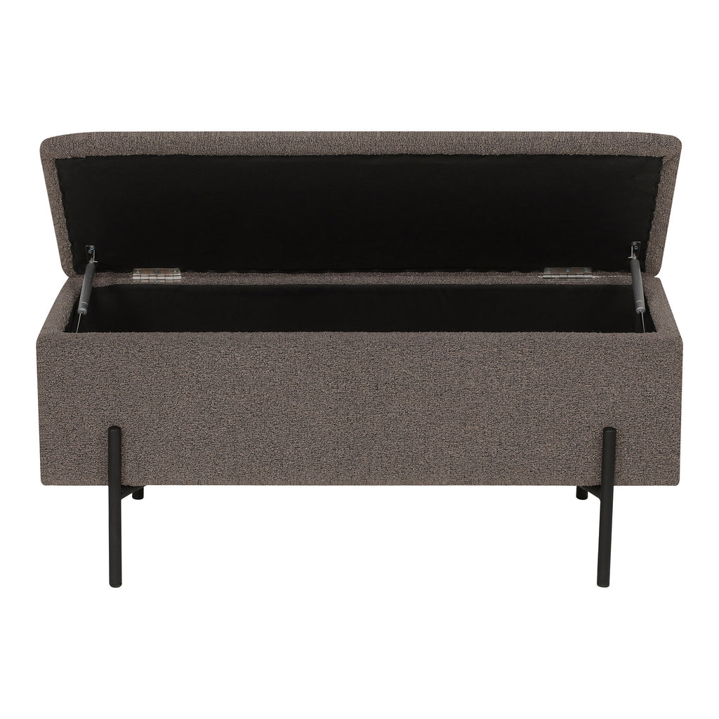 Banc coffre Watford bouclé marron vue de face pieds métal noir 95x36x43 cm