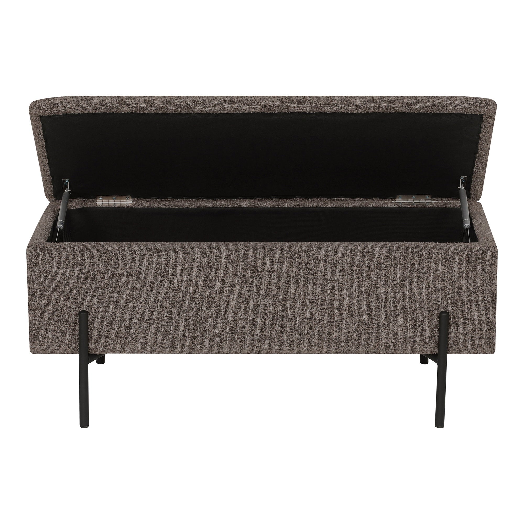 Banc coffre Watford bouclé marron vue de face pieds métal noir 95x36x43 cm
