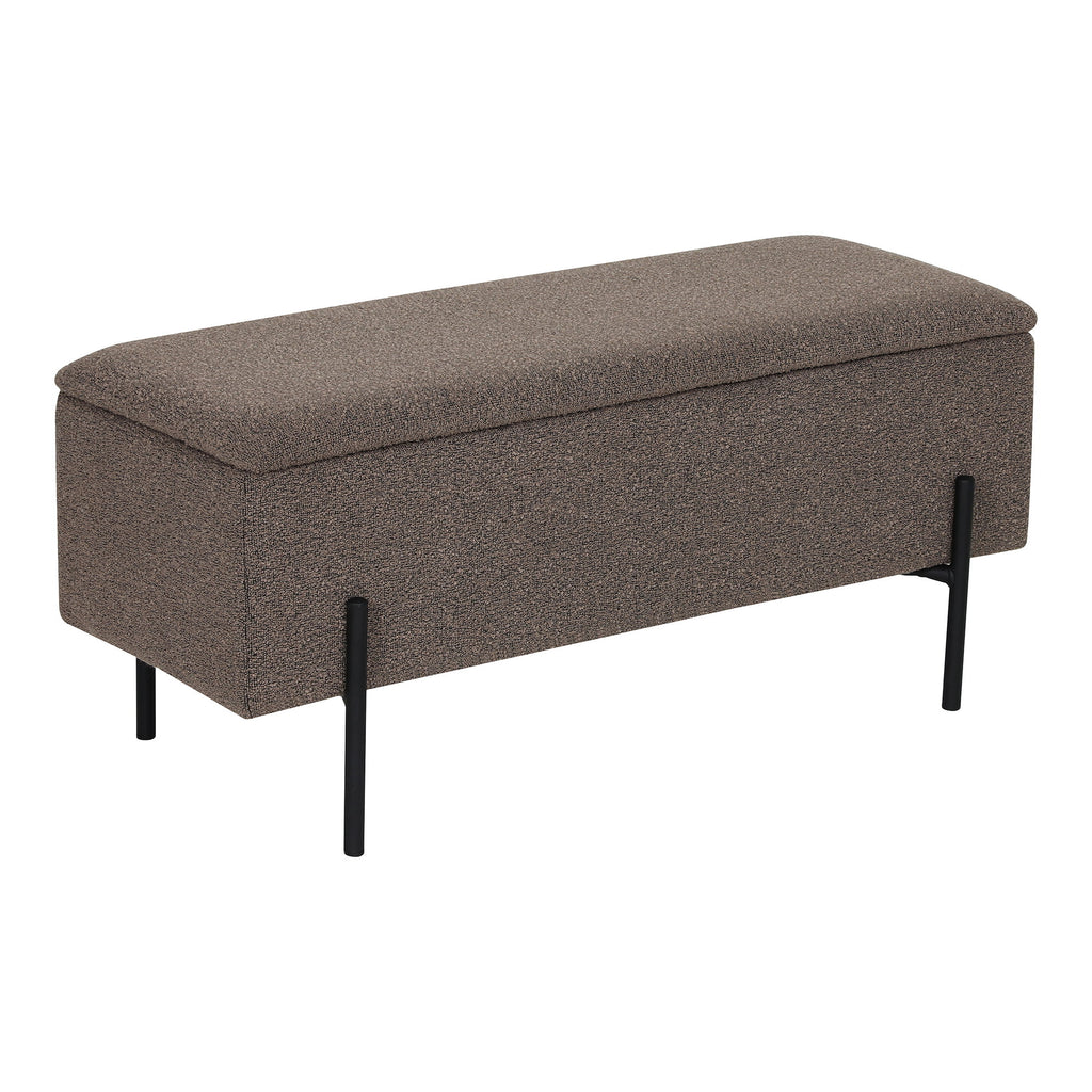 Banc coffre Watford 95 cm bouclé marron pieds acier noir vue trois quarts