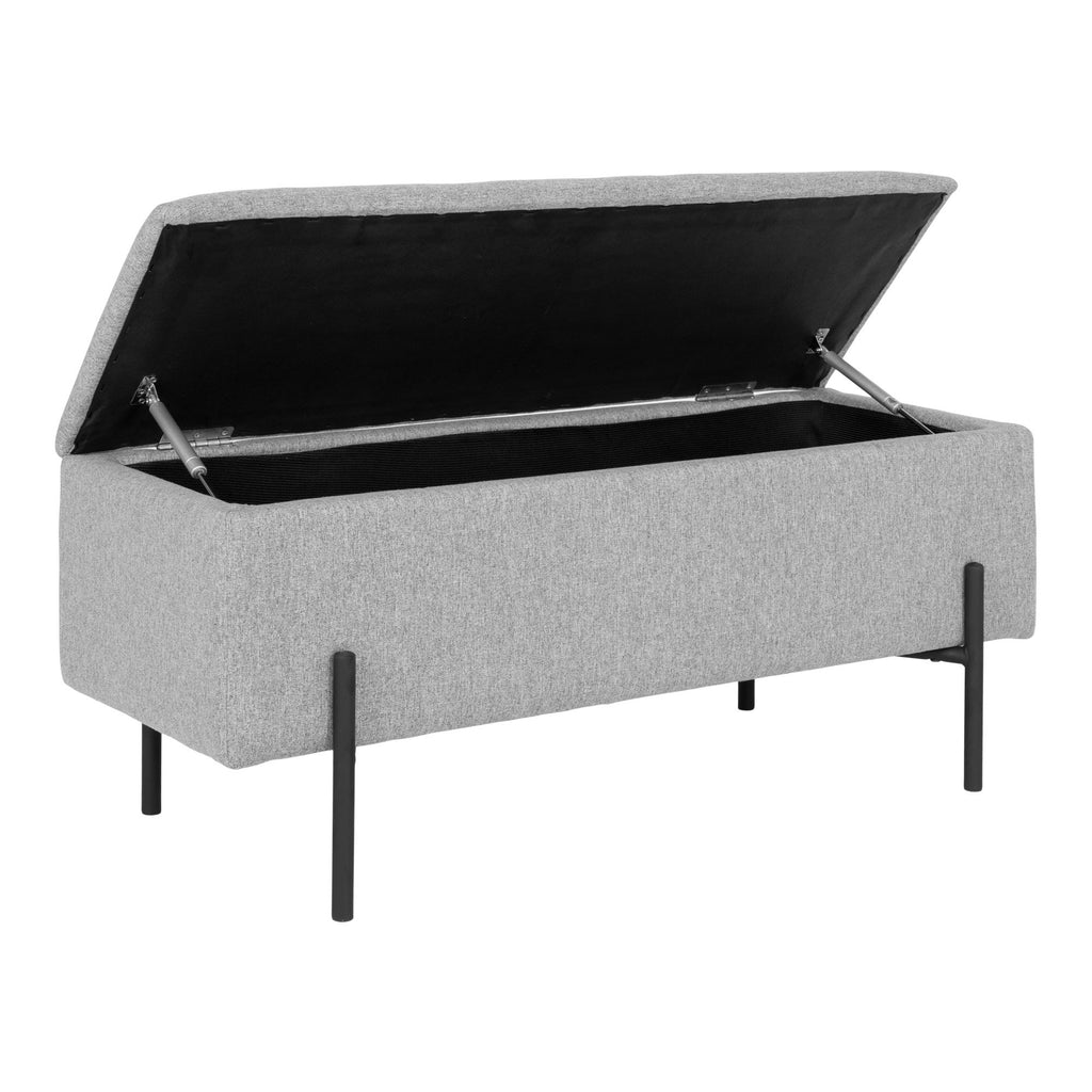 Banc coffre Watford gris clair ouvert vue trois quarts vérins hydrauliques rangement intérieur noir