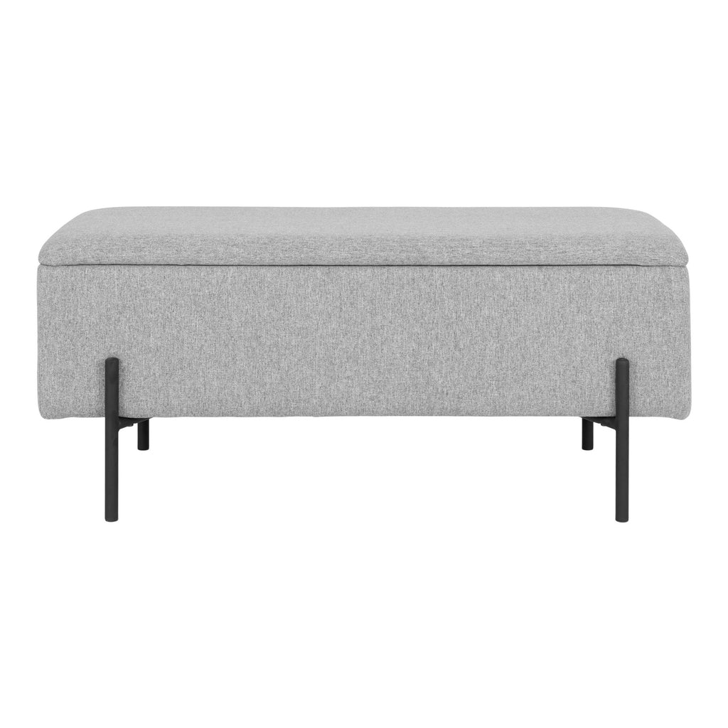 Banc coffre Watford gris clair vue de face pieds métal noir mat structure industrielle 95 cm