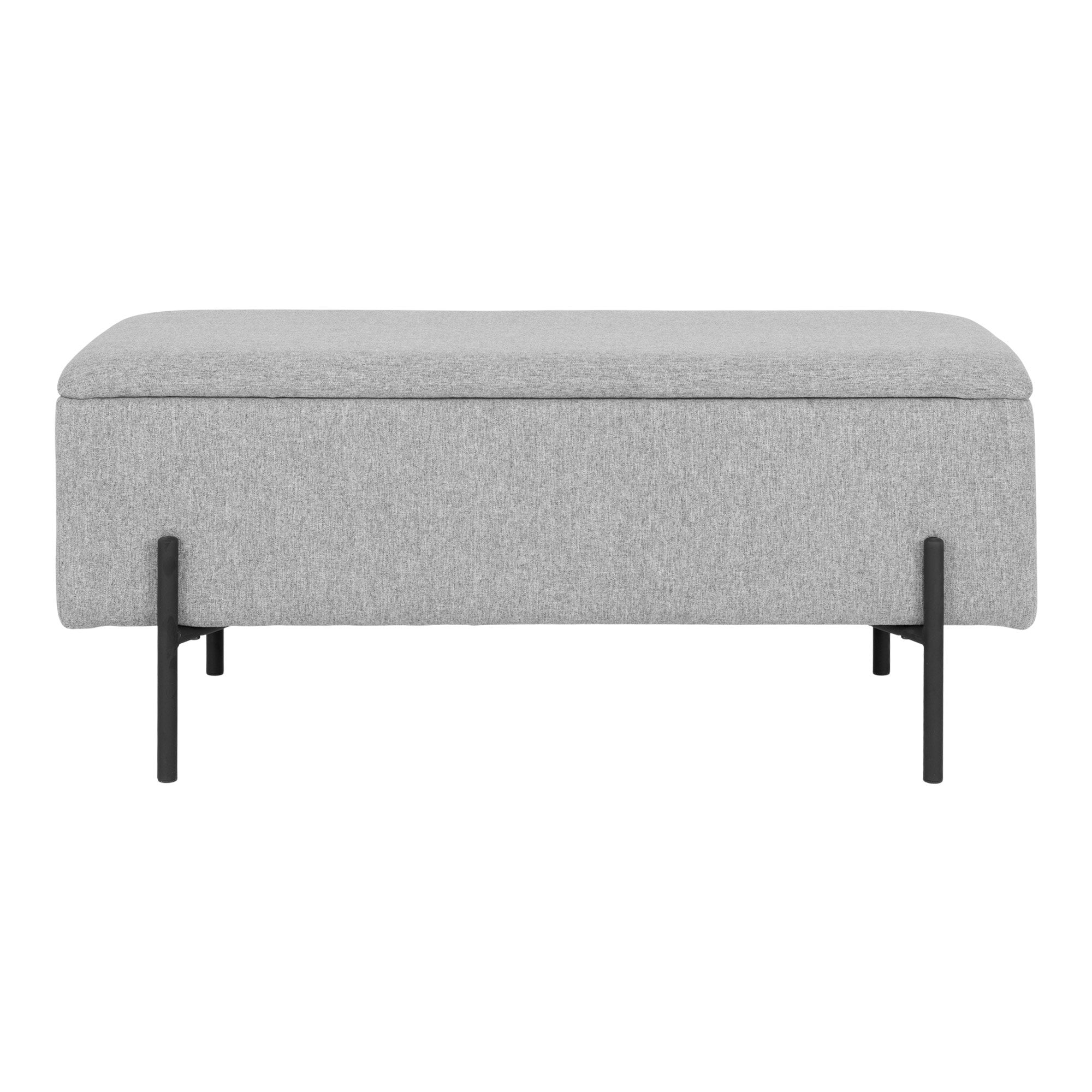 Banc coffre Watford gris clair vue de face pieds métal noir mat structure industrielle 95 cm