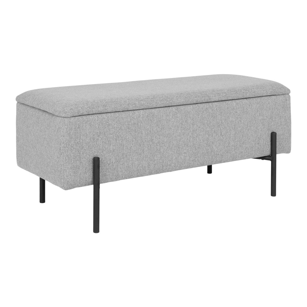 Banc coffre Watford gris clair pieds métal noir en U vue trois quarts 95 cm fermé