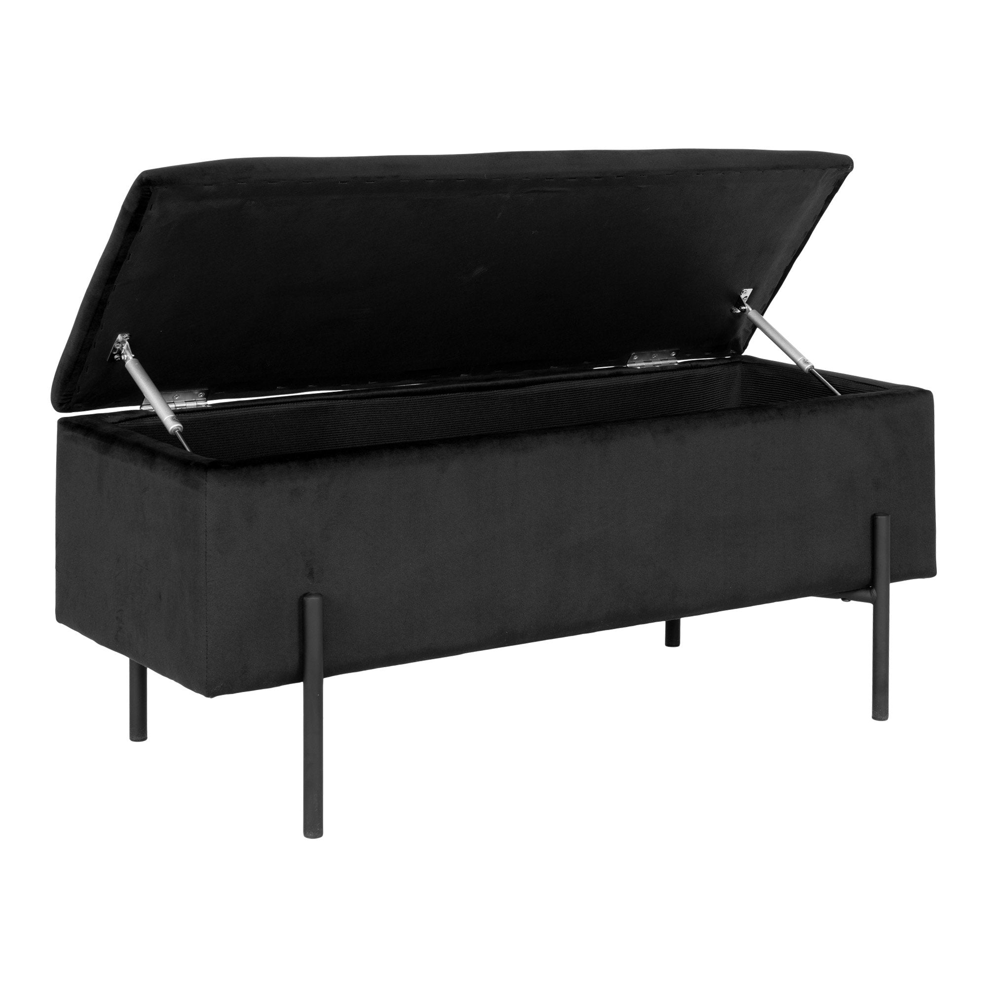 Banc coffre Watford velours noir ouvert vérins hydrauliques espace rangement intérieur 95 cm