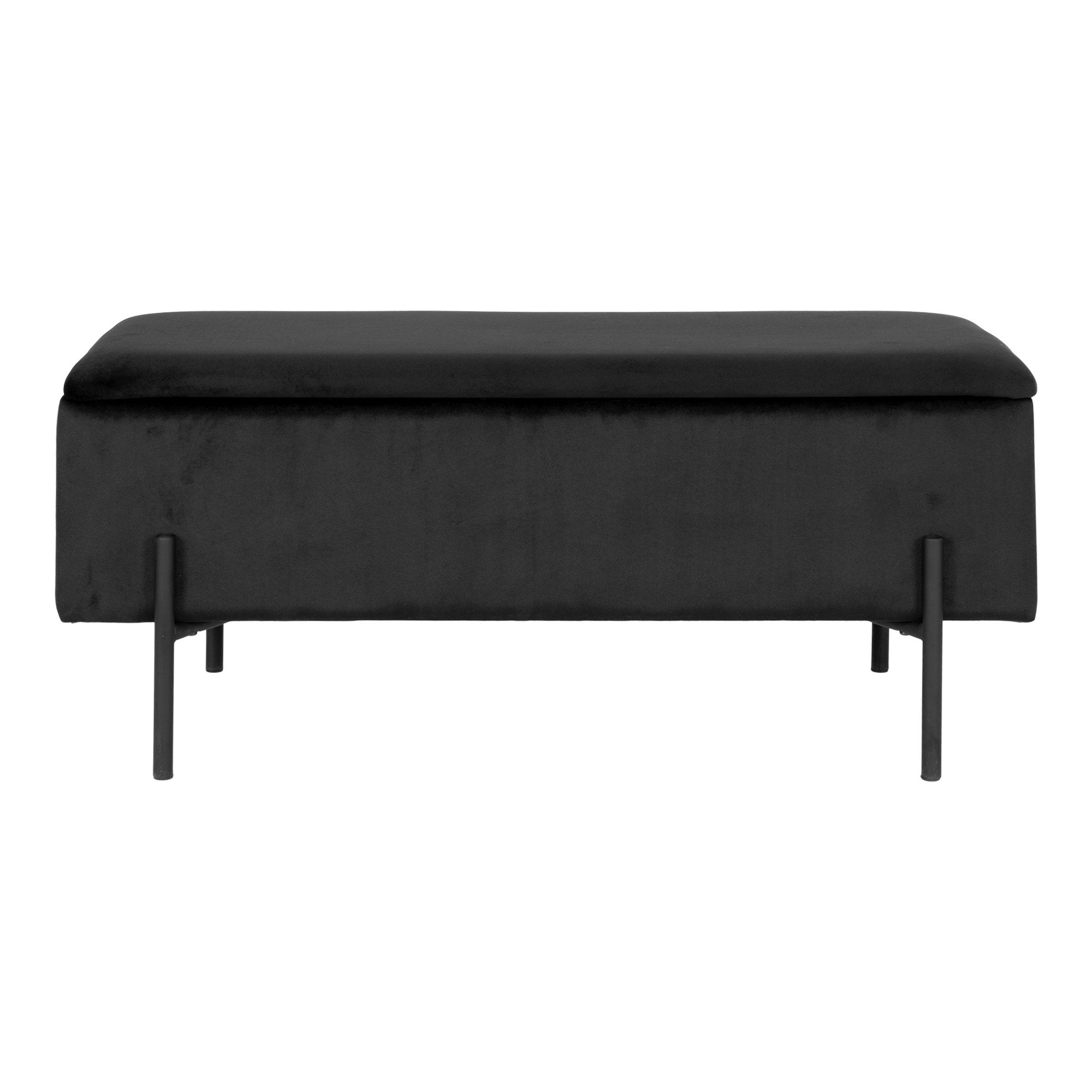 Banc coffre Watford velours noir monochrome total vue de face pieds métal noir mat 95 cm
