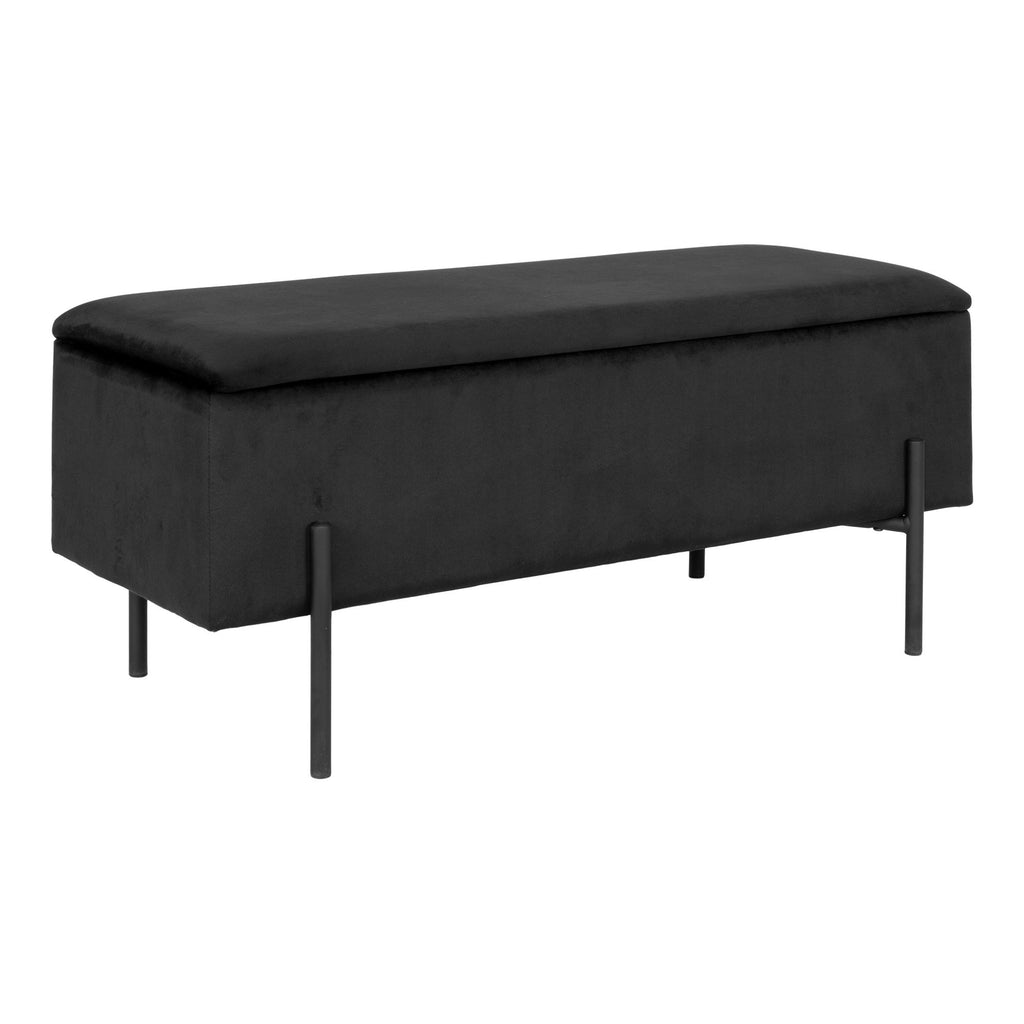 Banc coffre Watford velours noir pieds métal noir en U vue trois quarts fermé 95 cm