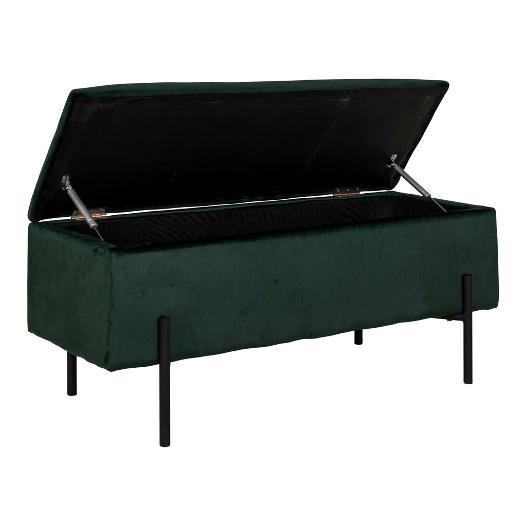 Banc coffre Watford velours vert forêt ouvert vérins hydrauliques espace rangement intérieur 95 cm