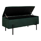 Banc coffre Watford velours vert forêt ouvert vérins hydrauliques espace rangement intérieur 95 cm