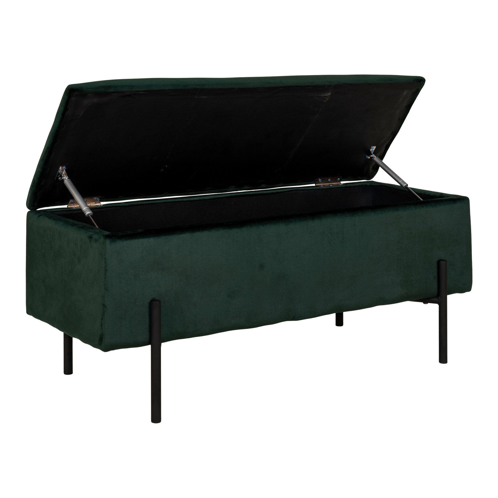 Banc coffre Watford velours vert forêt ouvert vérins hydrauliques espace rangement intérieur 95 cm