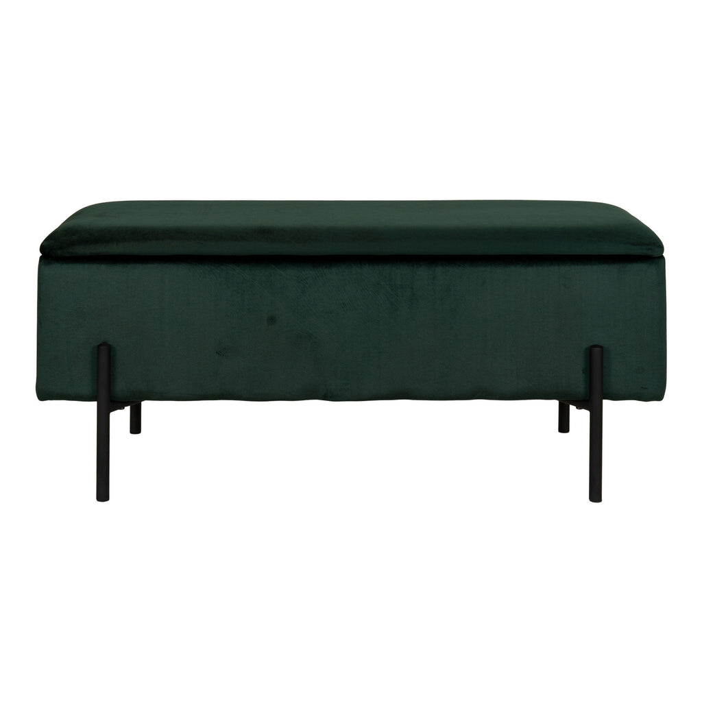 Banc coffre Watford velours vert forêt vue de face pieds métal noir mat 95 cm contemporain