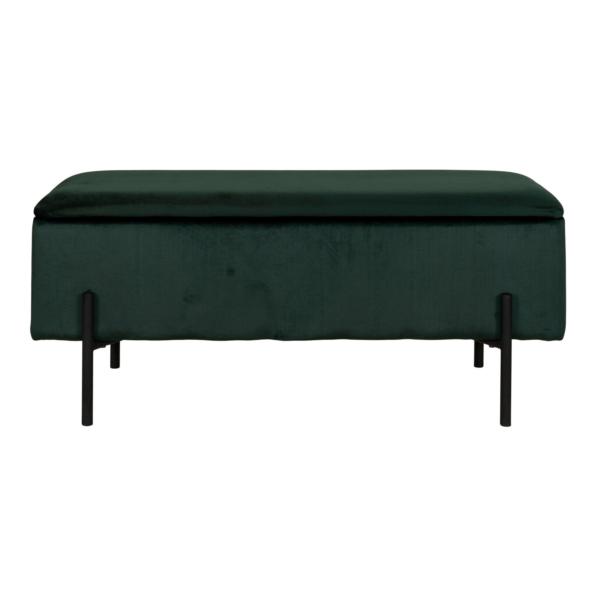 Banc coffre Watford velours vert forêt vue de face pieds métal noir mat 95 cm contemporain