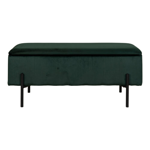 Banc coffre Watford velours vert forêt vue de face pieds métal noir mat 95 cm contemporain