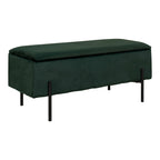 Banc coffre Watford velours vert forêt pieds métal noir en U vue trois quarts fermé 95 cm