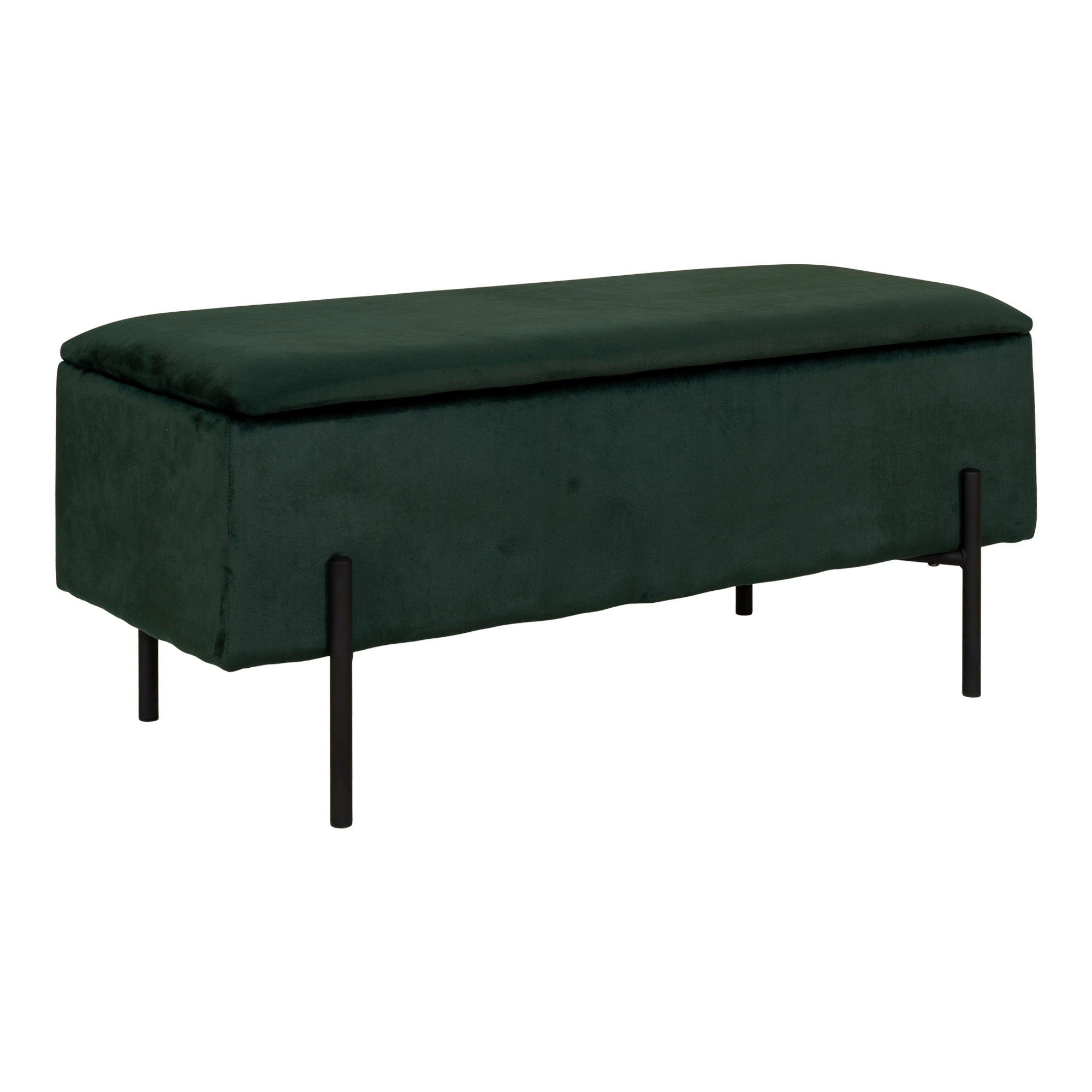 Banc coffre Watford velours vert forêt pieds métal noir en U vue trois quarts fermé 95 cm