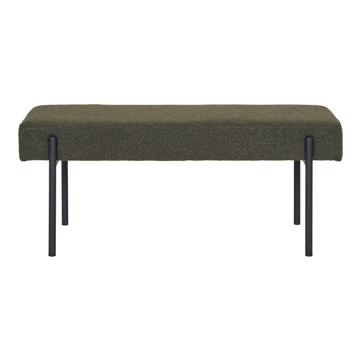 Banc d'entrée Swindon bouclé vert forêt vue de face assise épaisse et pieds tubulaires en acier noir