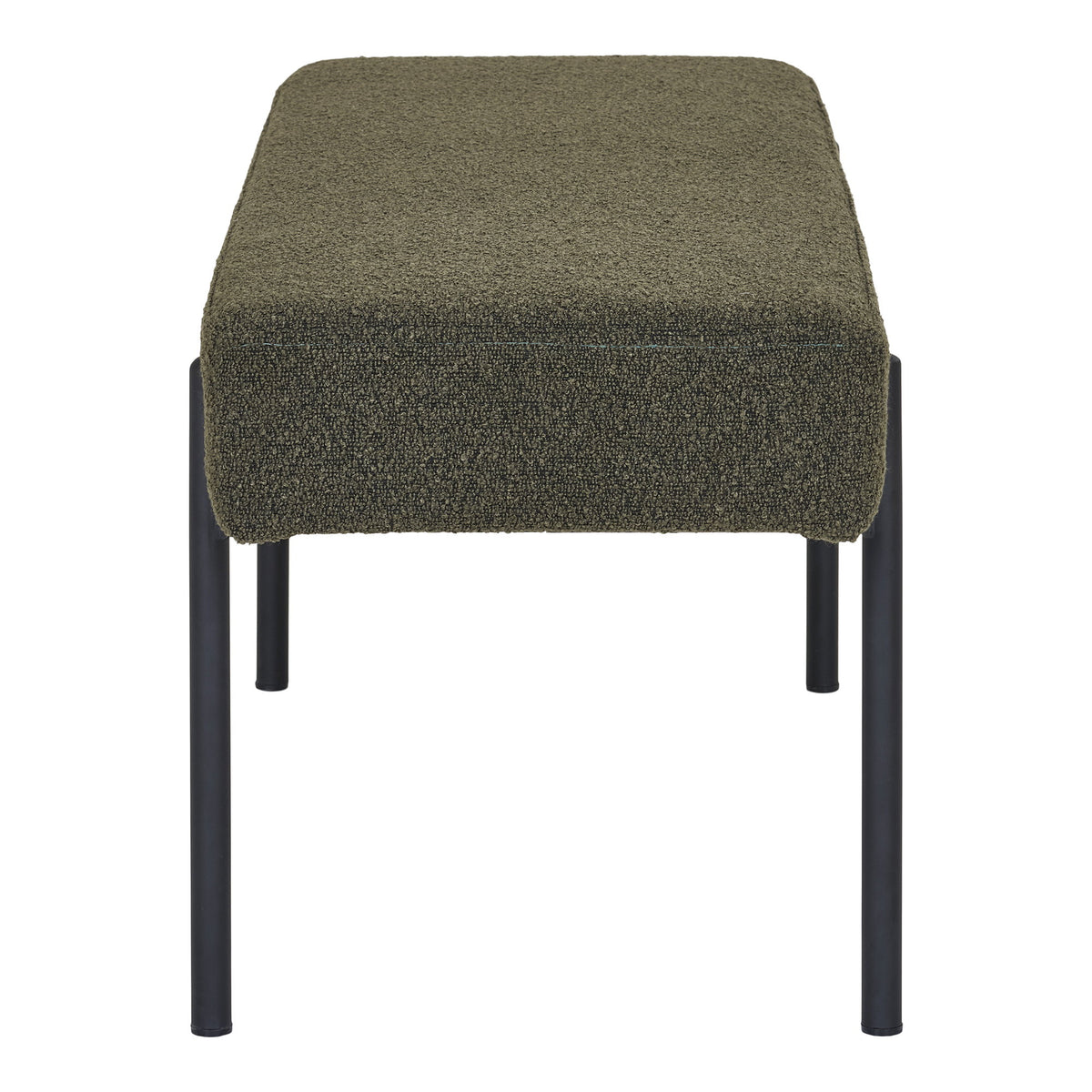 Banc Swindon bouclé vert forêt vu de profil assise rembourrée aux arêtes adoucies