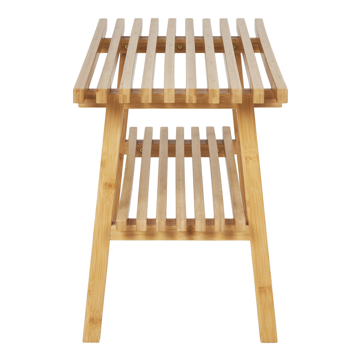 Banc Ember en bambou naturel vu de côté avec les lames de l'assise et de l'étagère