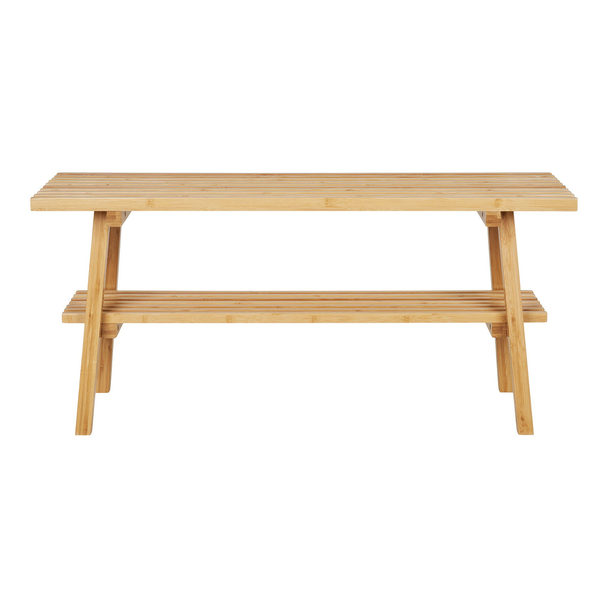 Banc Ember en bambou naturel vu de face avec ses pieds en A inclinés et son étagère basse
