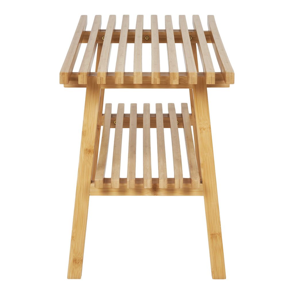 Banc Ember bambou vue de côté lames structure pieds en A étagère