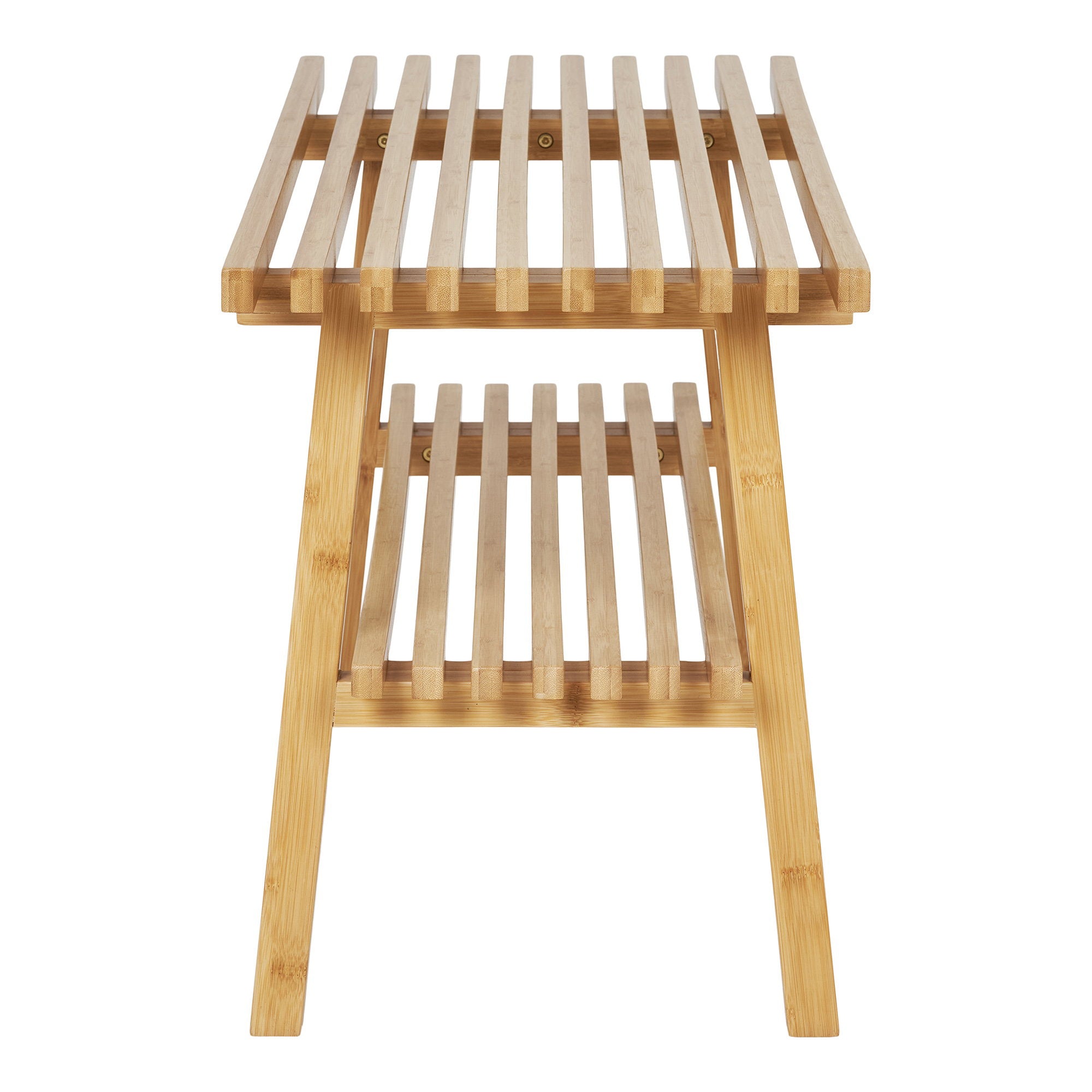Banc Ember bambou vue de côté lames structure pieds en A étagère