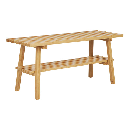 Banc Ember bambou naturel lames 70 cm étagère intégrée vue trois quarts