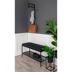 Banc Vita noir mat entrée style loft boiseries blanches chaussures rangées étagère acier noir