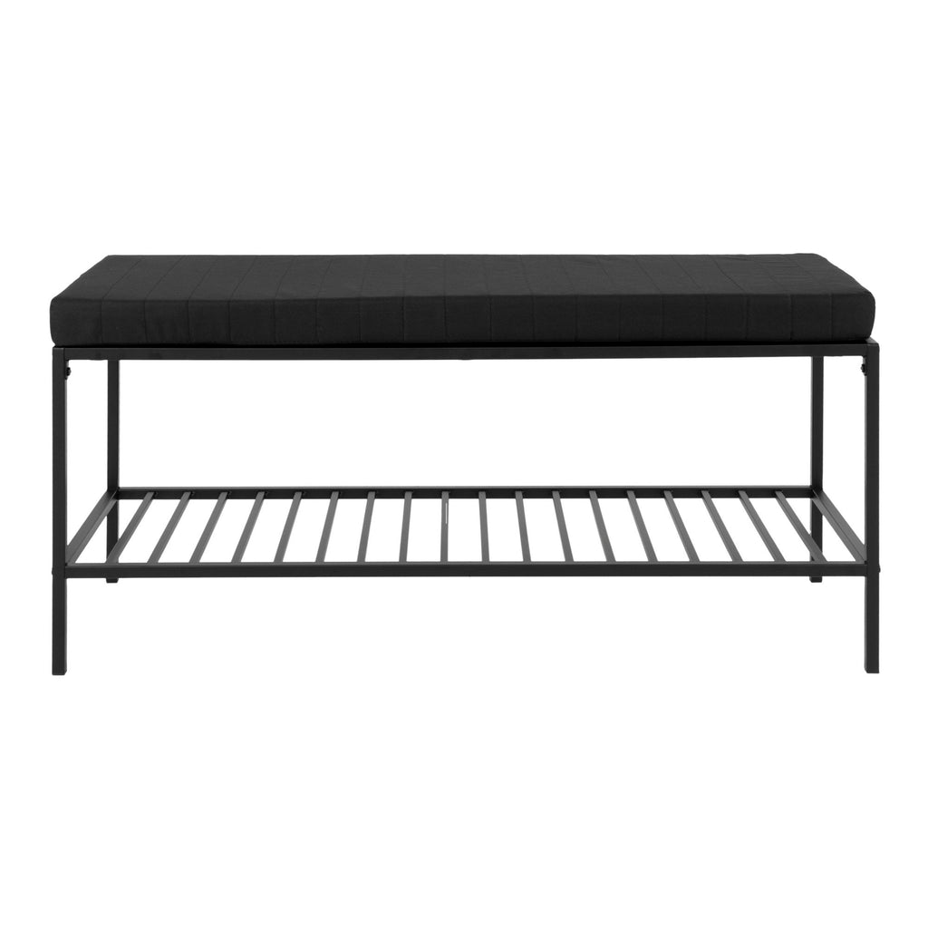 Banc Vita vue de face structure acier noir mat assise polyester piquée noire étagère 100 cm