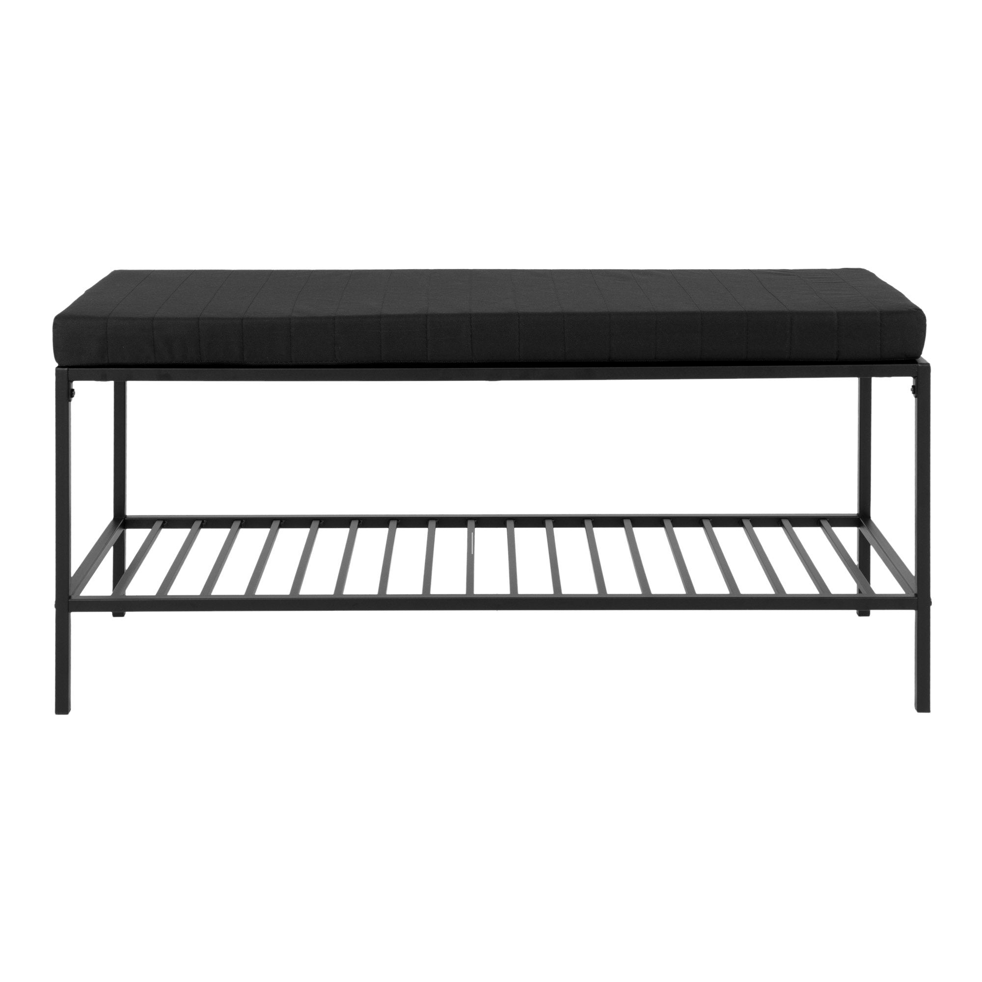 Banc Vita vue de face structure acier noir mat assise polyester piquée noire étagère 100 cm