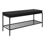 Banc entrée Vita vue trois quarts principal assise rembourrée piquée noire étagère métal noir 100 cm
