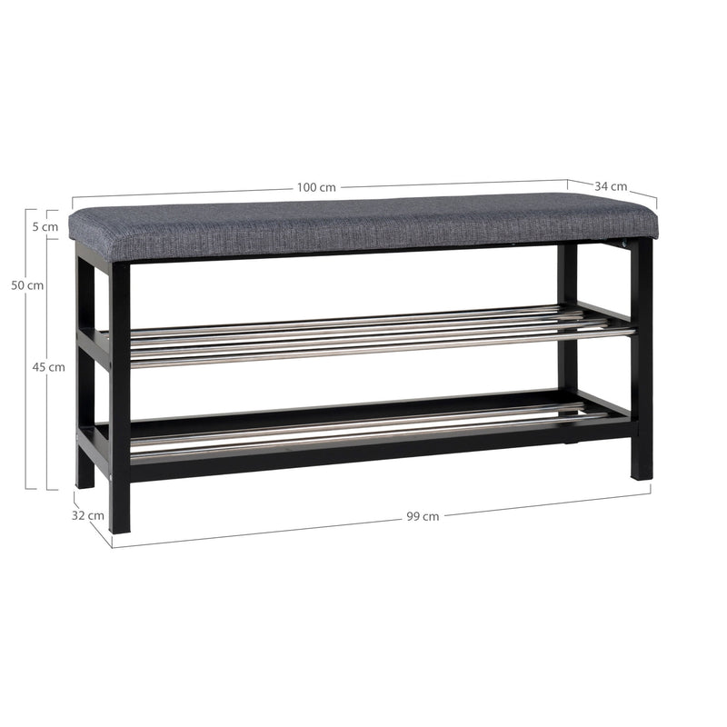 Dimensions Shoe Bench Padova - Grey Padded Seat & Metal Shelves - Black 100 cm
