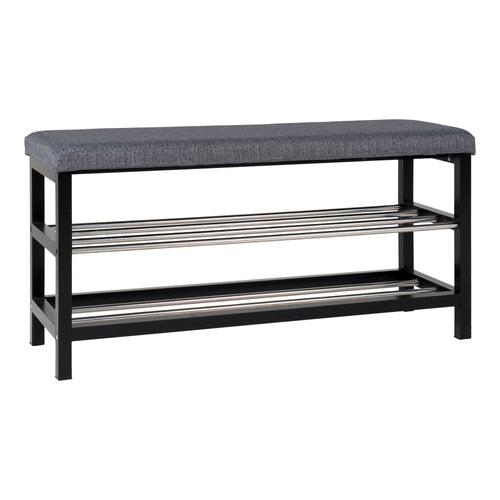 Banc chaussures Padova assise grise rembourrée étagères métal pieds noirs vue trois quarts